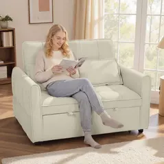 HOMCOM 2 Seater Sofa Bed, 3-in-1 Convertible Sleeper Sofa with Click-clack Adjustable Backrest and 2 Pillows, Light Brown - 2