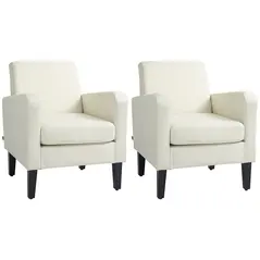 HOMCOM 2 Pieces Modern Armchairs with Rubber Wood Legs, Upholstered Accent Chairs, Single Sofa for Living Room, Bedroom, Cream White - 1