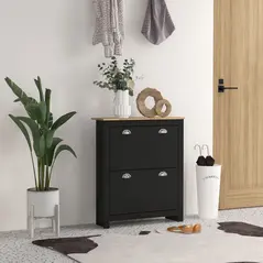 HOMCOM 2 Drawer Shoe Cabinet Modern Narrow Shoe Cupboard Hallway Wooden Storage Organiser with Flip Doors Adjustable Shelf for 6-12 Pairs, Black - 2