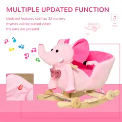 HOMCOM 2 In 1 Plush Baby Ride on Rocking Horse Elephant Rocker with Wheels Wooden Toy for Kids 32 Songs for 18+ Months (Pink) - 4