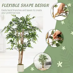 HOMCOM 150cm Artificial Ficus Tree, Fake Potted Tree with Solid Wood Trunk and Pot for Indoor, Green - 6
