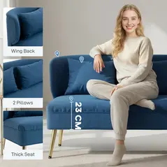 HOMCOM 2 Seater Sofa, Linen-look Fabric Small Sofa with Wing Back, Thick Seat, Metal Legs, Dark Blue - 5