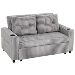 HOMCOM 2 Seater Click Clack Sofa Bed with Pull Out Design, Corduroy Upholstery - Light Grey - 1