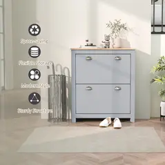 HOMCOM 2 Drawer Shoe Cabinet Modern Narrow Shoe Cupboard Hallway Wooden Storage Organiser with Flip Doors Adjustable Shelf for 6-12 Pairs, Grey - 7