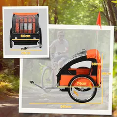 HOMCOM 2 Seat Bike Trailer Bicycle wagon for Kids Child Steel Frame Safety Harness Seat Carrier Orange Black 130 x 76 x 88 cm - 3