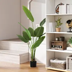 HOMCOM 160cm Tall Artificial Bird of Paradise Plant, Faux Banana Leaf Tree with PEVA Leaves and Flocking, Decorative Palm Tree in Pot for Home Office Decor, Green - 2