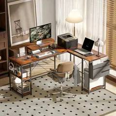 HOMCOM 168cm Reversible L Shaped Desk, Industrial Corner Computer Desk with Adjustable Shelf and Storage Bag, 240cm 2 Person PC Table with Monitor Stand, Rustic Brown - 2