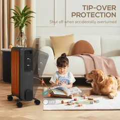 HOMCOM 1500W Oil Filled Radiator, Portable Electric Heater with 3 Heat Settings, Safety Cut-Off and Wheels, Grey - 5