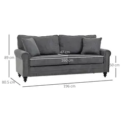 HOMCOM 196cm 3 Seater Sofa, Fabric Sofa with Rubber Wood Legs, Nailhead Trim, 2 Pillows, Small Upholstered Couch Settee for Living Room, Guest Room, Grey - 3