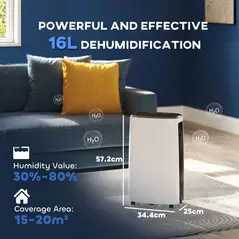 HOMCOM 16l/Day Dehumidifier, with Washable Filter and Timer - White - 3
