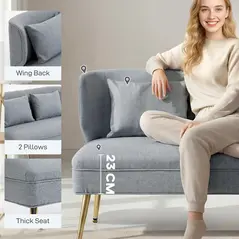HOMCOM 2 Seater Sofa, Linen-look Fabric Small Sofa with Wing Back, Thick Seat, Metal Legs, Light Grey - 5