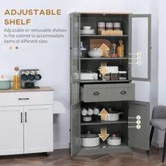 HOMCOM 180cm Tall Kitchen Pantry Cupboard, Freestanding Storage Cabinet with 5 Tier, Adjustable Shelves,  Drawer, Grey - 6