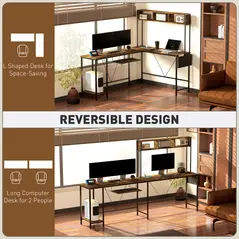 HOMCOM 160cm Reversible L Shaped Desk with Power Outlet, Industrial Corner Desk with Storage Shelves and Keyboard Tray, 240cm Long Computer Desk for 2 Person, Rustic Brown - 5