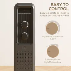 HOMCOM 1500W Oil Filled Radiator, Portable Electric Heater with 3 Heat Settings, Safety Cut-Off and Wheels, Grey - 6