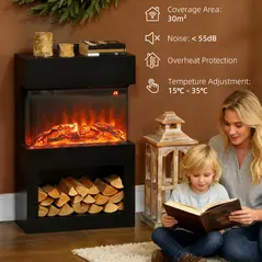 HOMCOM 19" Electric Fireplace with Surround, 3D Flame Effect, 6 Colours & 3 Brightness Levels, 1000W/2000W Black Electric Fire and Mantel Reach up to 30㎡ Space with Remote & Timer, 3 Sided View - 8