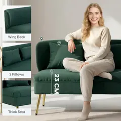HOMCOM 2 Seater Sofa, Linen-look Fabric Small Sofa with Wing Back, Thick Seat, Metal Legs, Dark Green - 5