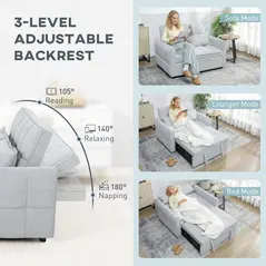 HOMCOM 2 Seater Sofa Bed, 3-in-1 Convertible Sleeper Sofa with Click-clack Adjustable Backrest and 2 Pillows, Light Grey - 5