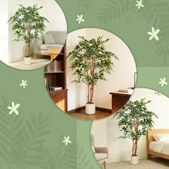 HOMCOM 150cm Artificial Ficus Tree, Fake Potted Tree with Solid Wood Trunk and Pot for Indoor, Green - 7