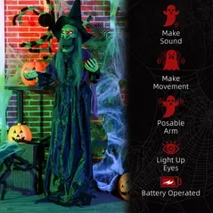 HOMCOM 180 cm Life Size Halloween Animated Standing Witch, Spooky Witch with Glowing LED Eyes,  Battery Operated - 7