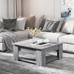 HOMCOM 2 Tier Wood Coffee Table Side Table Bottom Storage Shelf  Simple Modern Living Room Grey Wood Grain - 7