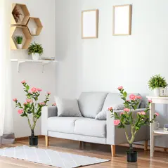 HOMCOM 2 Pieces Decorative Artificial Plants Camellia Flower with Pot, Fake Plant for Home Indoor Outdoor Decor, 95cm, Pink - 2