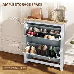 HOMCOM 2 Drawer Shoe Cabinet Modern Narrow Shoe Cupboard Hallway Wooden Storage Organiser with Flip Doors Adjustable Shelf for 6-12 Pairs, Grey - 4