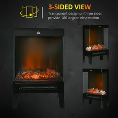 HOMCOM 180° Charming Electric Fireplace Heater, Quiet Freestanding Stove with LED Flame Effect, 3-Sided Tempered Glass Panels, Level-less Temperature Control, Overheat Protection, 1000W/2000W, Black - 5