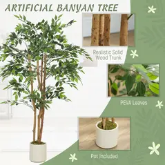 HOMCOM 150cm Artificial Ficus Tree, Fake Potted Tree with Solid Wood Trunk and Pot for Indoor, Green - 4