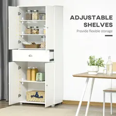 HOMCOM 184cm Tall Kitchen Cupboard, Freestanding Kitchen Pantry Storage Cabinet with 4 Doors, 3 Adjustable Shelves, Drawer, Anti-tipping Device, Sideboard Organiser for Dining Room, Living Room, White - 5