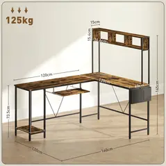 HOMCOM 160cm Reversible L Shaped Desk with Power Outlet, Industrial Corner Desk with Storage Shelves and Keyboard Tray, 240cm Long Computer Desk for 2 Person, Rustic Brown - 3