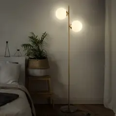 HOMCOM 2 Lights Tree Floor Lamp for Living Room with Globe Lampshade, Standing Lamp for Bedroom, Bulb not Included, Gold Tone - 2