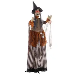 HOMCOM 183 cm Life Size Halloween Animated Standing Fat-Faced Witch with Red Light Up Eyes, Sound Activated Moving Arms & Head, Scary Witch Halloween Decorations, Battery Operated, Indoor Party Props - 1