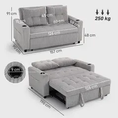 HOMCOM 2 Seater Click Clack Sofa Bed with Pull Out Design, Corduroy Upholstery - Light Grey - 3