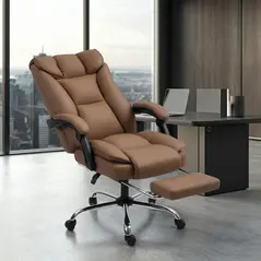 HOMCOM 155° Reclining Faux Leather Swivel Office Chair - Brown - 2