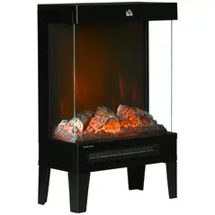 HOMCOM 180° Charming Electric Fireplace Heater, Quiet Freestanding Stove with LED Flame Effect, 3-Sided Tempered Glass Panels, Level-less Temperature Control, Overheat Protection, 1000W/2000W, Black - 1