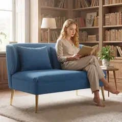 HOMCOM 2 Seater Sofa, Linen-look Fabric Small Sofa with Wing Back, Thick Seat, Metal Legs, Dark Blue - 2