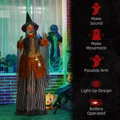 HOMCOM 183 cm Life Size Halloween Animated Standing Fat-Faced Witch with Red Light Up Eyes, Sound Activated Moving Arms & Head, Scary Witch Halloween Decorations, Battery Operated, Indoor Party Props - 7