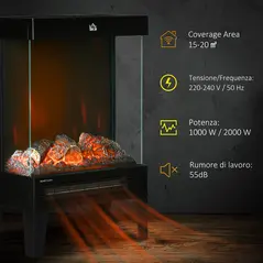 HOMCOM 180° Charming Electric Fireplace Heater, Quiet Freestanding Stove with LED Flame Effect, 3-Sided Tempered Glass Panels, Level-less Temperature Control, Overheat Protection, 1000W/2000W, Black - 6