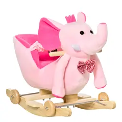 HOMCOM 2 In 1 Plush Baby Ride on Rocking Horse Elephant Rocker with Wheels Wooden Toy for Kids 32 Songs for 18+ Months (Pink) - 1