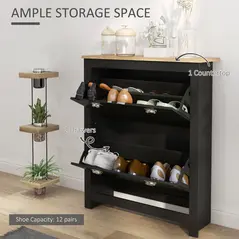 HOMCOM 2 Drawer Shoe Cabinet Modern Narrow Shoe Cupboard Hallway Wooden Storage Organiser with Flip Doors Adjustable Shelf for 6-12 Pairs, Black - 4