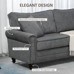 HOMCOM 196cm 3 Seater Sofa, Fabric Sofa with Rubber Wood Legs, Nailhead Trim, 2 Pillows, Small Upholstered Couch Settee for Living Room, Guest Room, Grey - 5