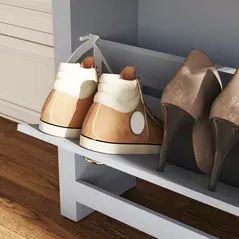 HOMCOM 2 Drawer Shoe Cabinet Modern Narrow Shoe Cupboard Hallway Wooden Storage Organiser with Flip Doors Adjustable Shelf for 6-12 Pairs, Grey - 8