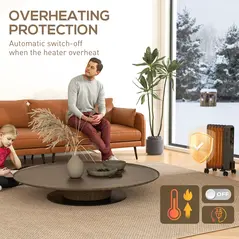 HOMCOM 1500W Oil Filled Radiator, Portable Electric Heater with 3 Heat Settings, Safety Cut-Off and Wheels, Grey - 4