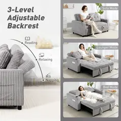 HOMCOM 2 Seater Click Clack Sofa Bed with Pull Out Design, Corduroy Upholstery - Light Grey - 5