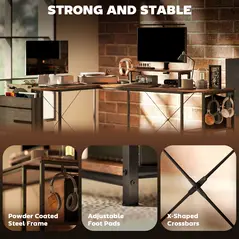 HOMCOM 168cm Reversible L Shaped Desk, Industrial Corner Computer Desk with Adjustable Shelf and Storage Bag, 240cm 2 Person PC Table with Monitor Stand, Rustic Brown - 7