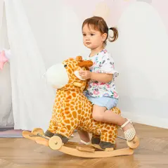 HOMCOM 2 In 1 Kids Todder Rocking Horse Plush Ride On Giraffe Rocker with Wheels Wooden Base Animal Sounds for 3-6 Years - 2