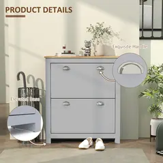 HOMCOM 2 Drawer Shoe Cabinet Modern Narrow Shoe Cupboard Hallway Wooden Storage Organiser with Flip Doors Adjustable Shelf for 6-12 Pairs, Grey - 6