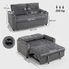 HOMCOM 2 Seater Click Clack Sofa Bed with Pull Out Design, Corduroy Upholstery - Charcoal Grey - 3