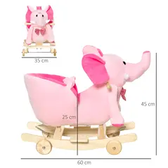 HOMCOM 2 In 1 Plush Baby Ride on Rocking Horse Elephant Rocker with Wheels Wooden Toy for Kids 32 Songs for 18+ Months (Pink) - 3