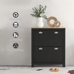 HOMCOM 2 Drawer Shoe Cabinet Modern Narrow Shoe Cupboard Hallway Wooden Storage Organiser with Flip Doors Adjustable Shelf for 6-12 Pairs, Black - 7